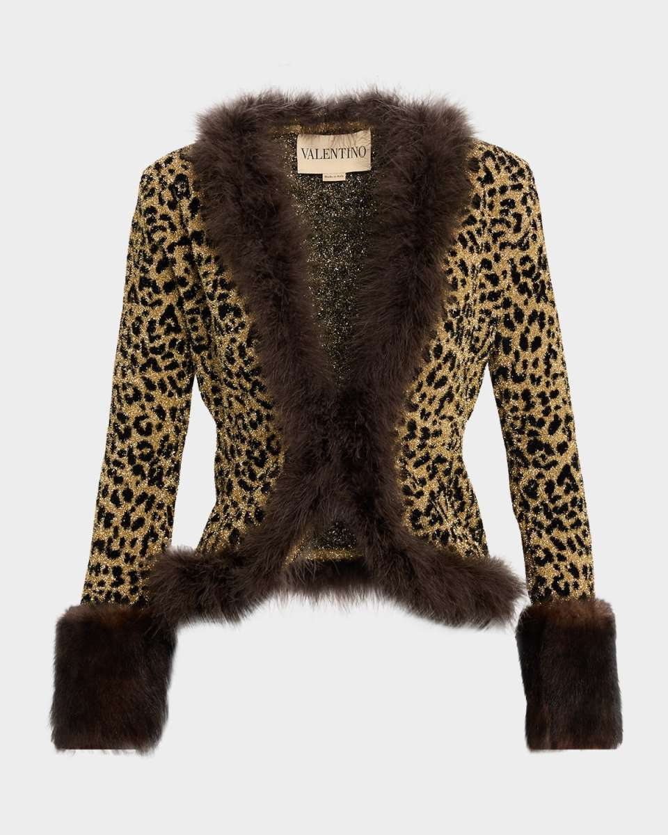 Feather and Lamb Shearling Trim Metallic Leopard Jacket